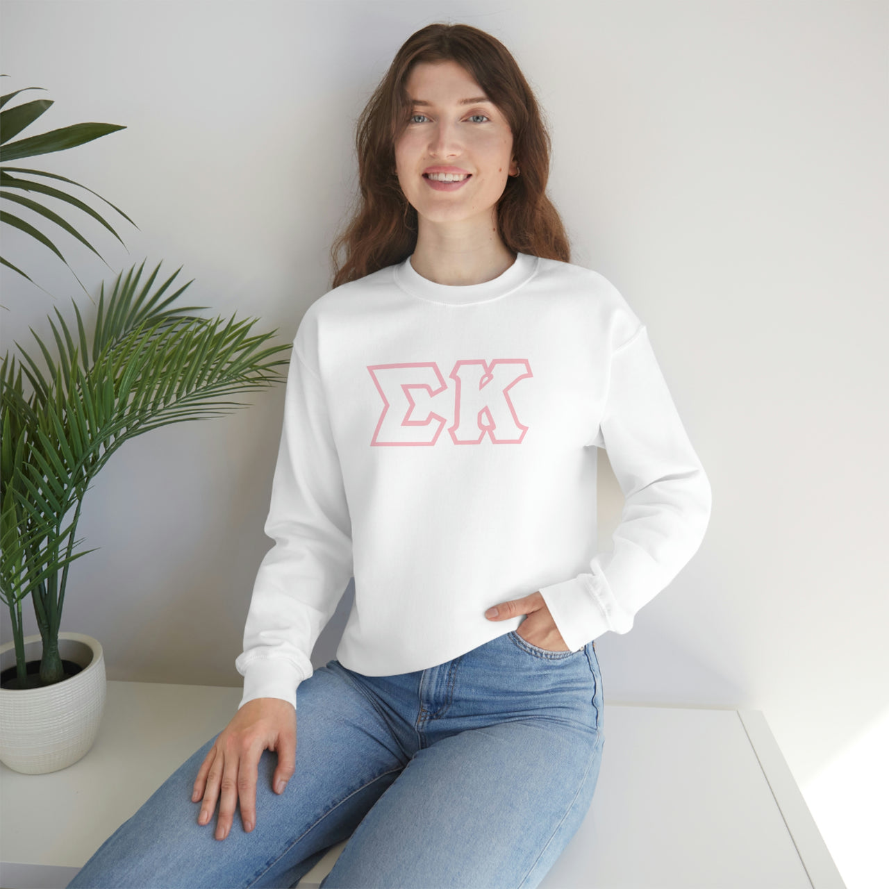 Sigma Kappa Stitched Letter Crewneck Sweatshirt | White with Pink Border (Conference Pre-Sale)
