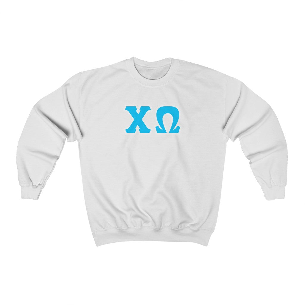 Chi Omega Printed Letters | Cyan with White Border Crewneck