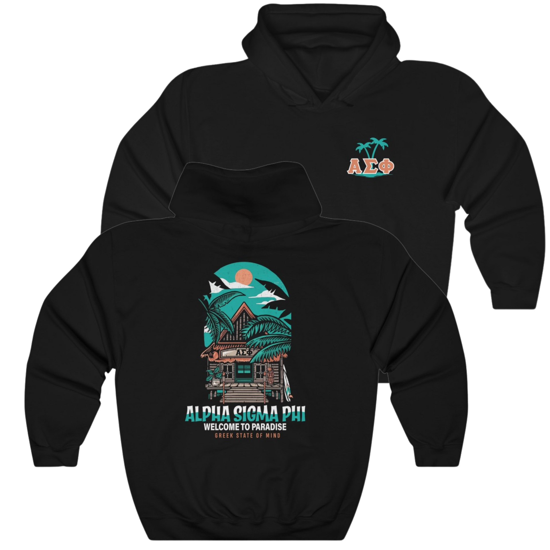 Black Alpha Sigma Phi Graphic Hoodie | Welcome to Paradise | Alpha Sigma Phi Fraternity Clothes 