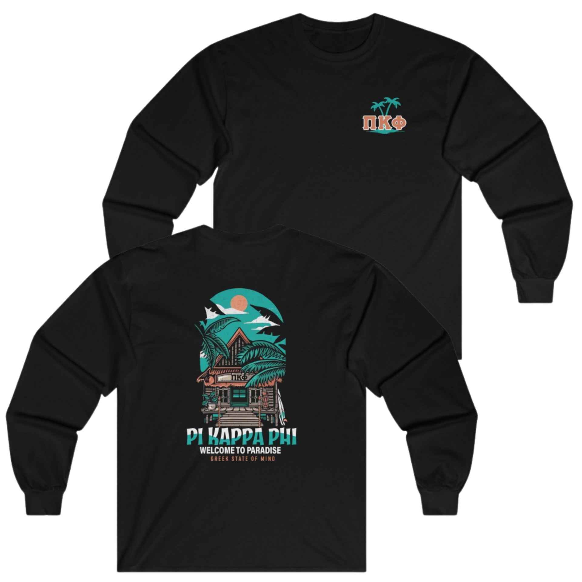Black Pi Kappa Phi Graphic Long Sleeve T-Shirt | Welcome to Paradise | Pi Kappa Phi Apparel and Merchandise