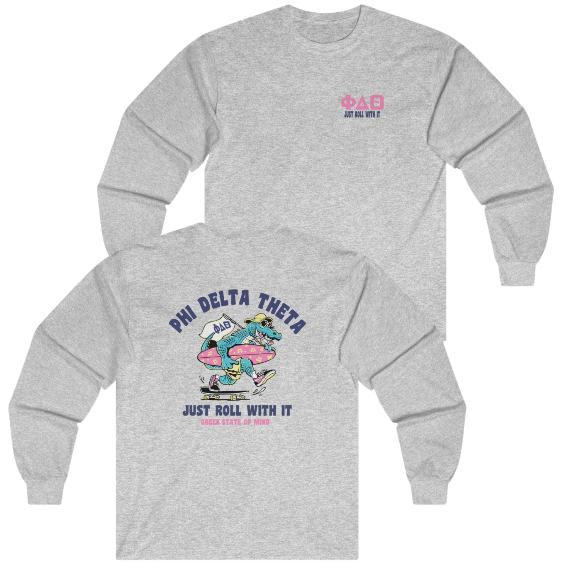 grey Phi Delta Theta Graphic Long Sleeve | Alligator Skater | phi delta theta fraternity greek apparel 