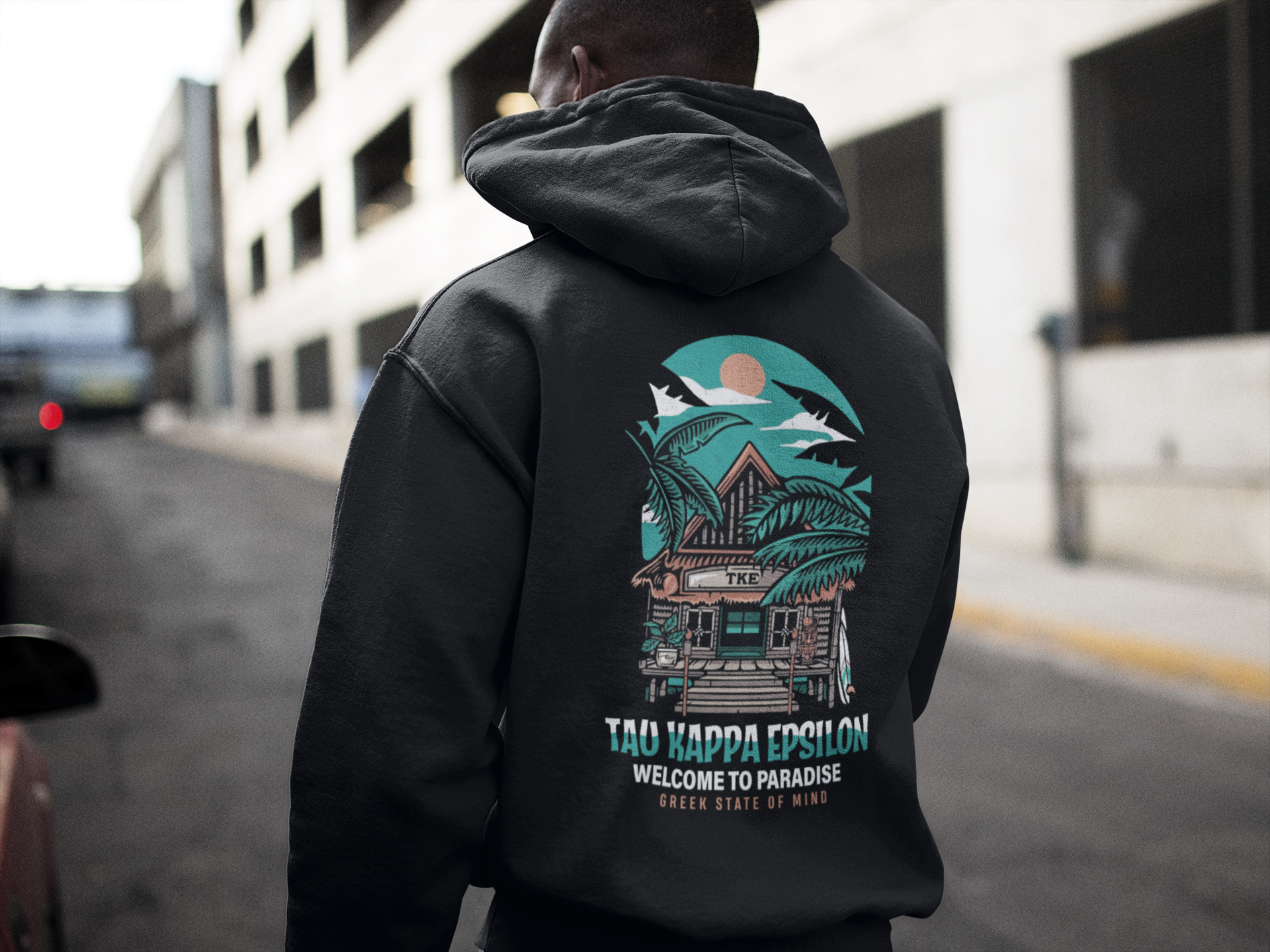 Tau Kappa Epsilon Graphic Hoodie | Welcome to Paradise | Tau Kappa Epsilon Fraternity back model 