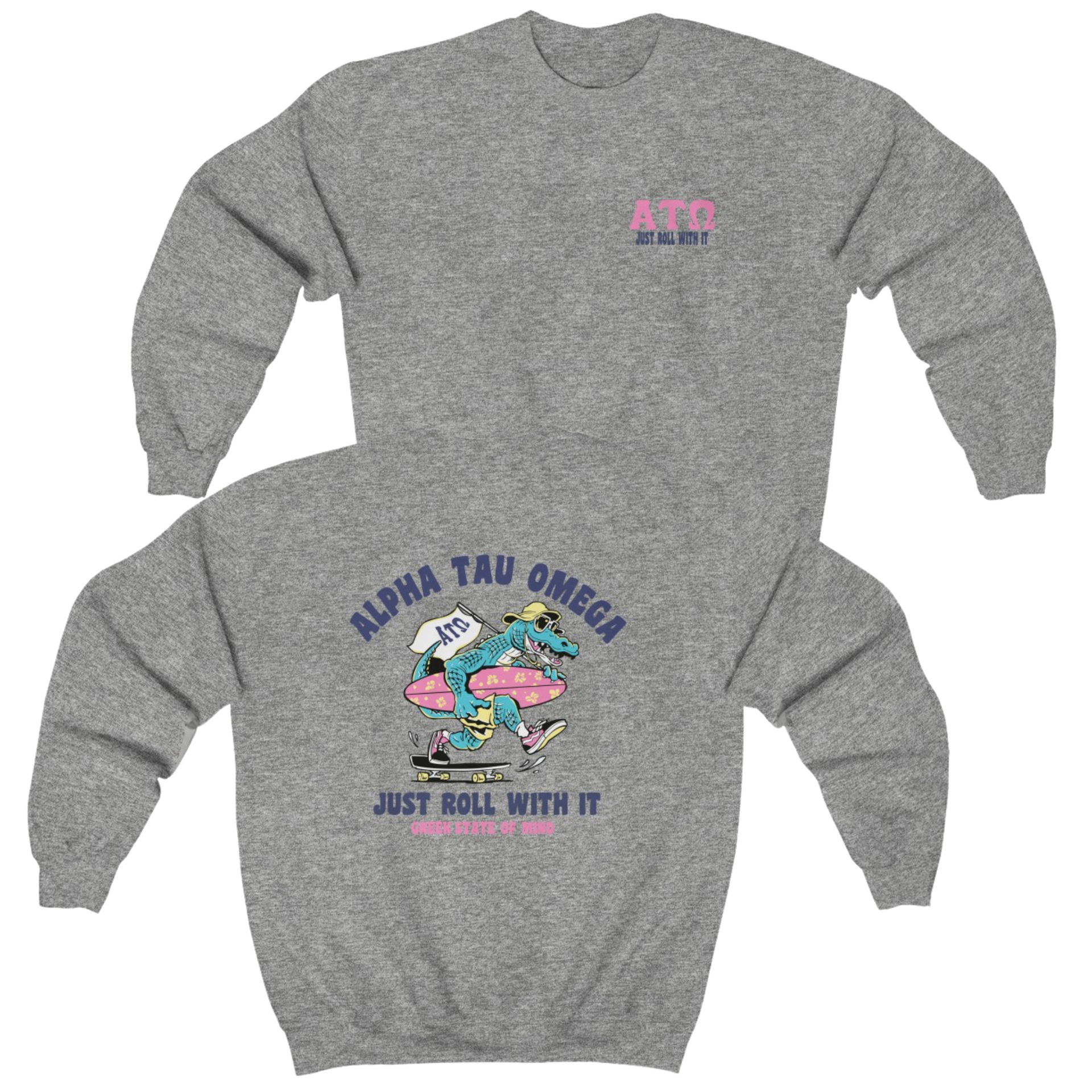 Grey Alpha Tau Omega Graphic Crewneck Sweatshirt | Alligator Skater | Alpha Sigma Phi Fraternity Merch 