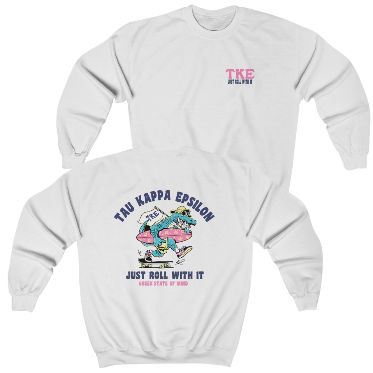 White Tau Kappa Epsilon Graphic Crewneck Sweatshirt | Alligator Skater | TKE Clothing and Merchandise