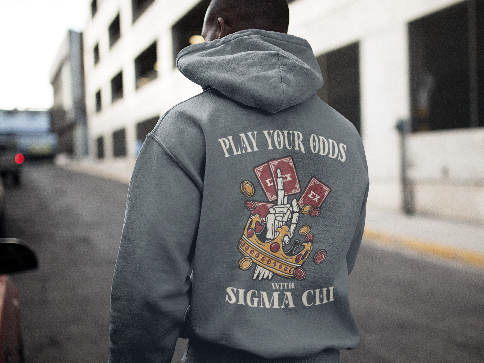 Sigma Chi Graphic Hoodie | Play Your Odds | Sigma Chi Fraternity Merch House model 