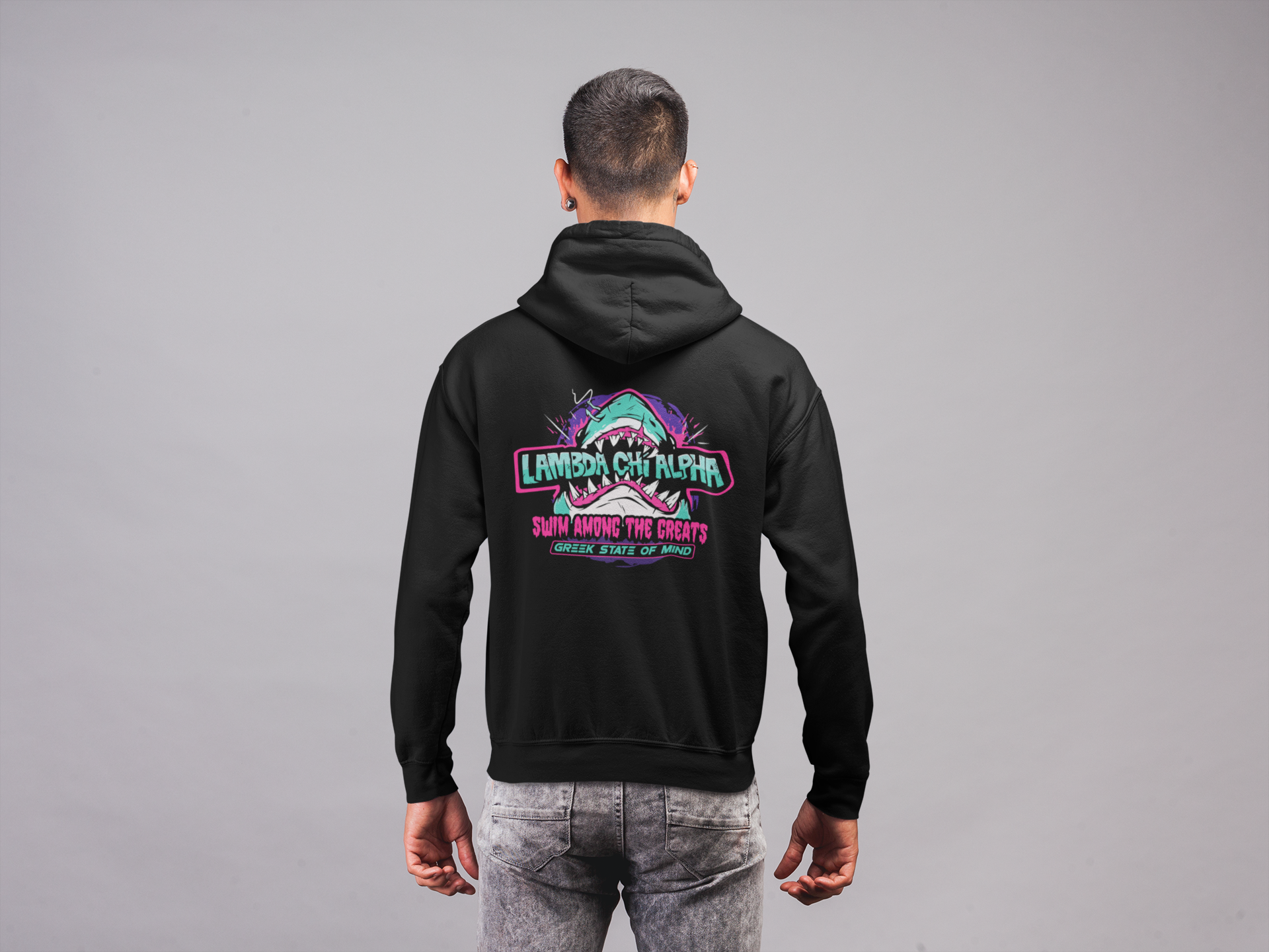 black Lambda Chi Alpha Graphic Hoodie | The Deep End | Lambda Chi Alpha Fraternity Shirt back model 