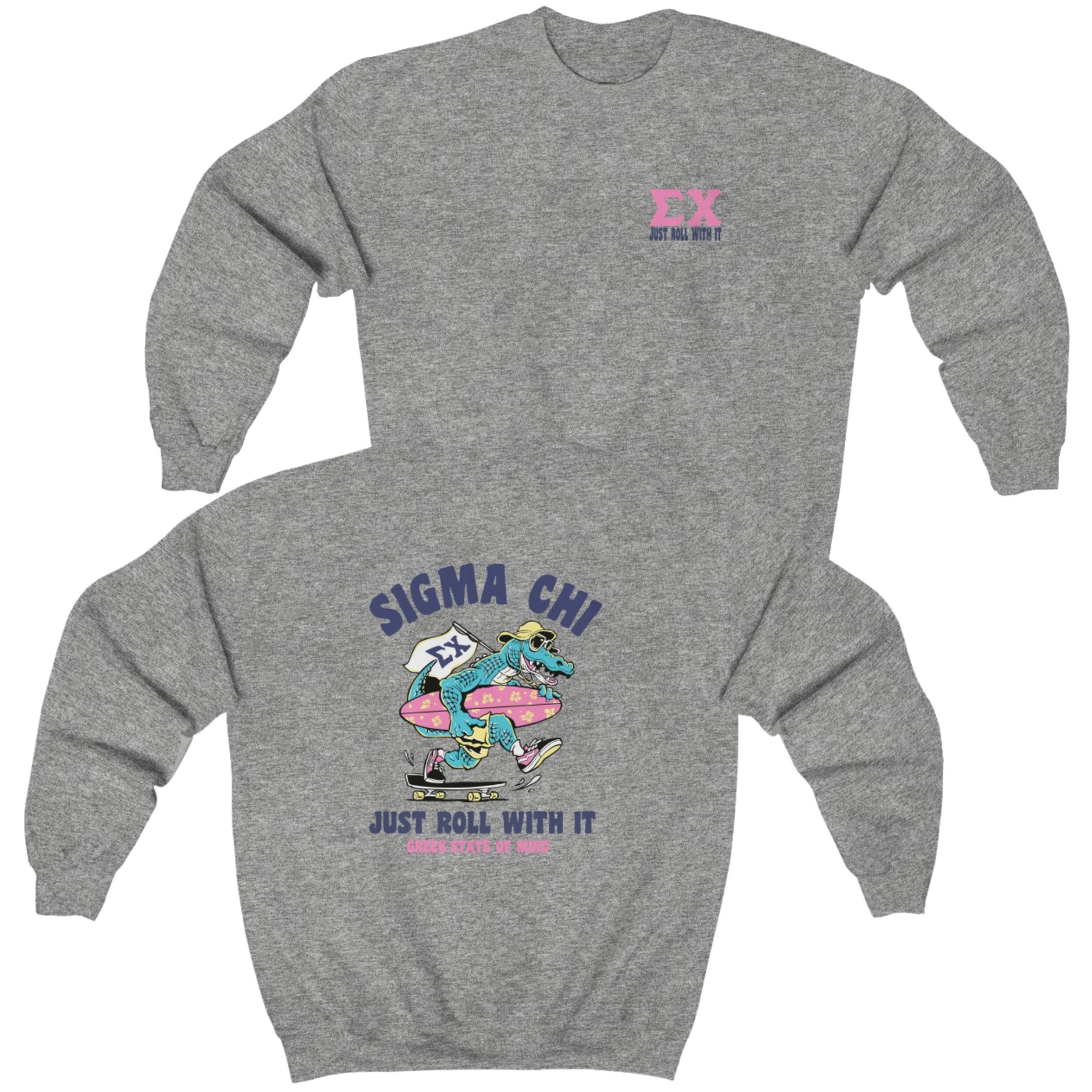 Grey Sigma Chi Graphic Crewneck Sweatshirt | Alligator Skater | Sigma Chi Fraternity Apparel