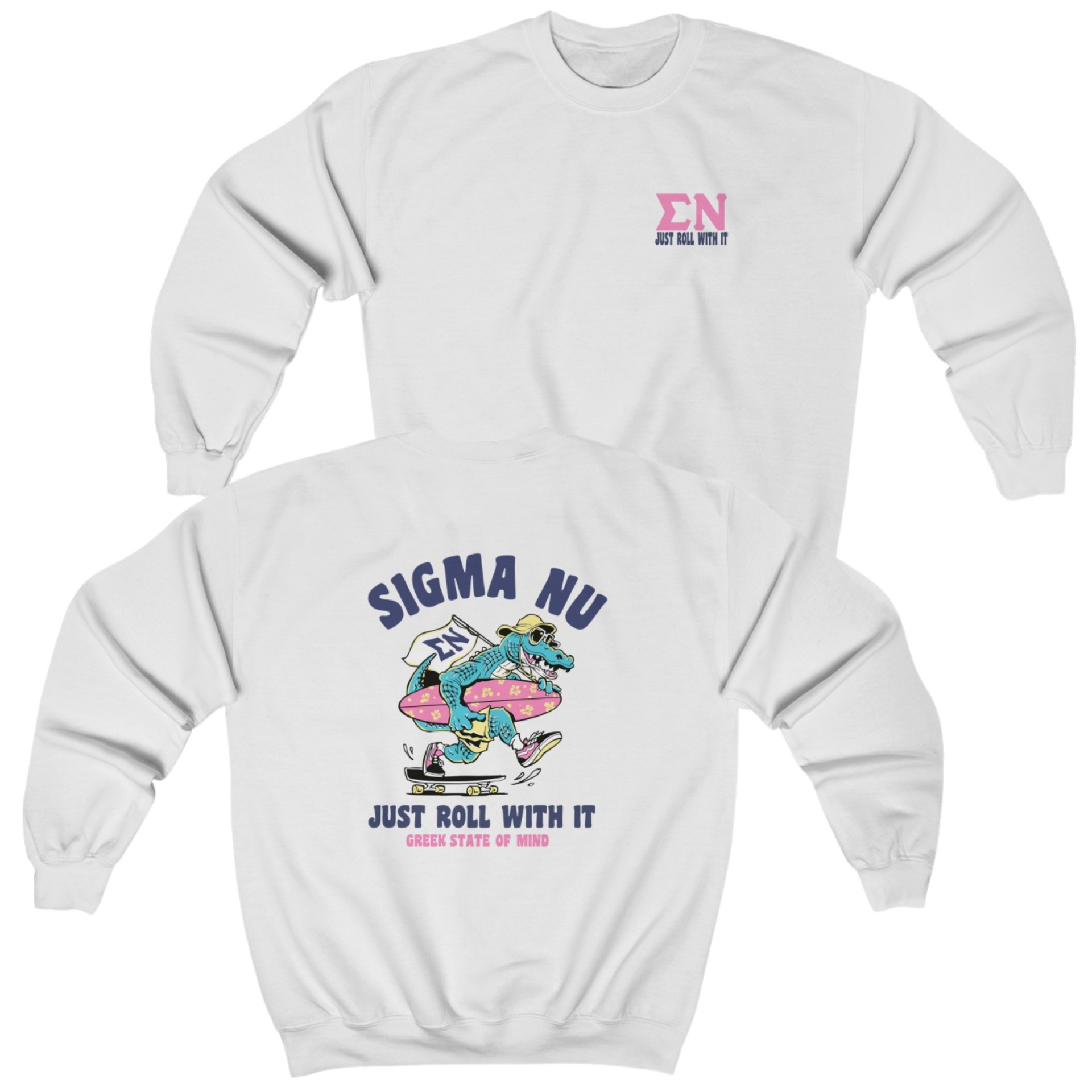 White Sigma Nu Graphic Crewneck Sweatshirt | Alligator Skater | Sigma Nu Clothing, Apparel and Merchandise