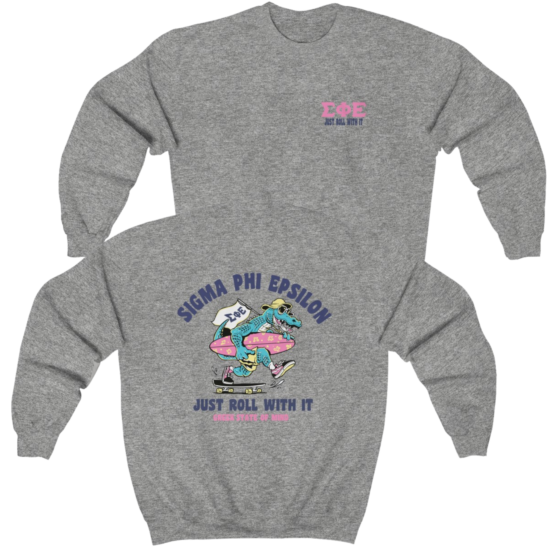 Grey Sigma Phi Epsilon Graphic Crewneck Sweatshirt | Alligator Skater | SigEp Clothing - Campus Apparel