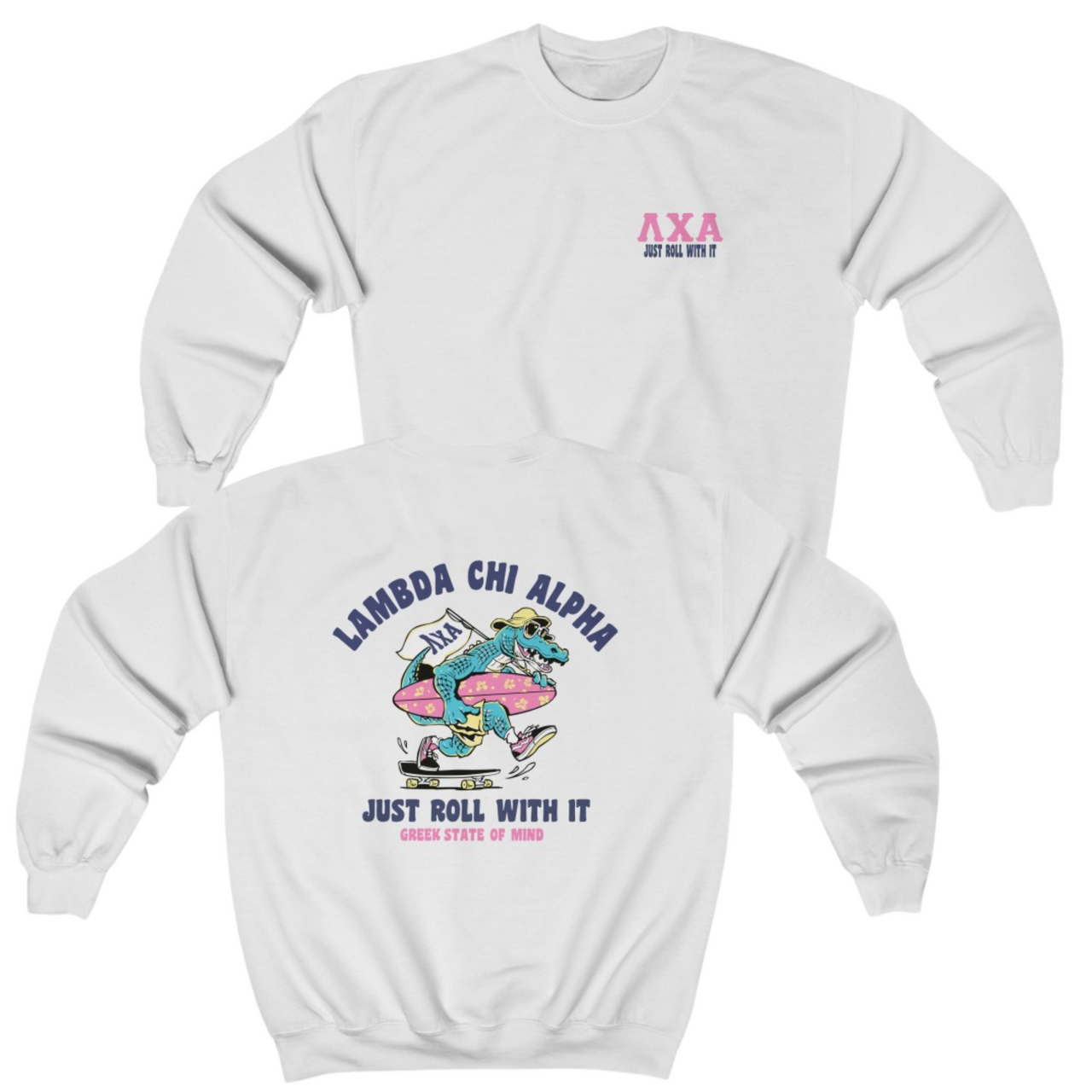 White Lambda Chi Alpha Graphic Crewneck Sweatshirt | Alligator Skater | Lambda Chi Alpha Fraternity Apparel 
