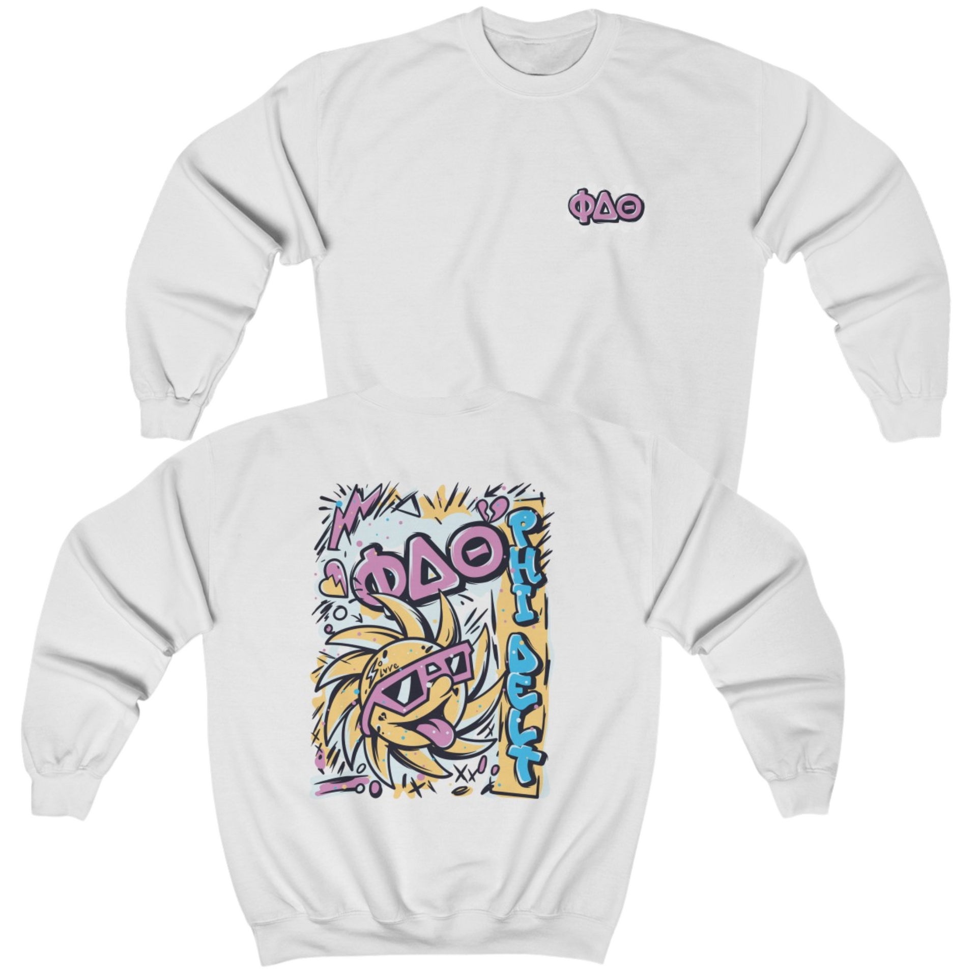 white Phi Delta Theta Graphic Crewneck Sweatshirt | Fun in the Sun | phi delta theta fraternity greek apparel