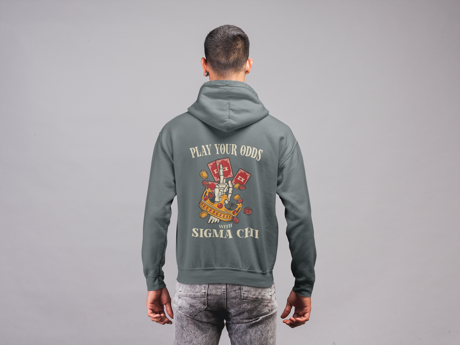 Grey Sigma Chi Graphic Hoodie | Play Your Odds | Sigma Chi Fraternity Merch House model 