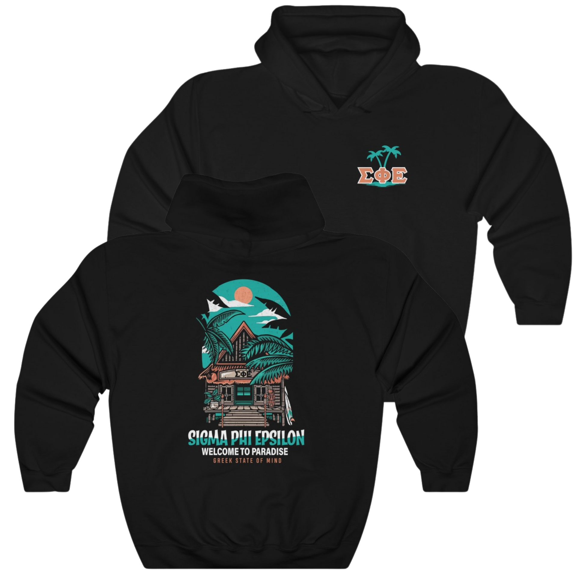 Black Sigma Phi Epsilon Graphic Hoodie | Welcome to Paradise | SigEp Fraternity Clothes and Merchandise 