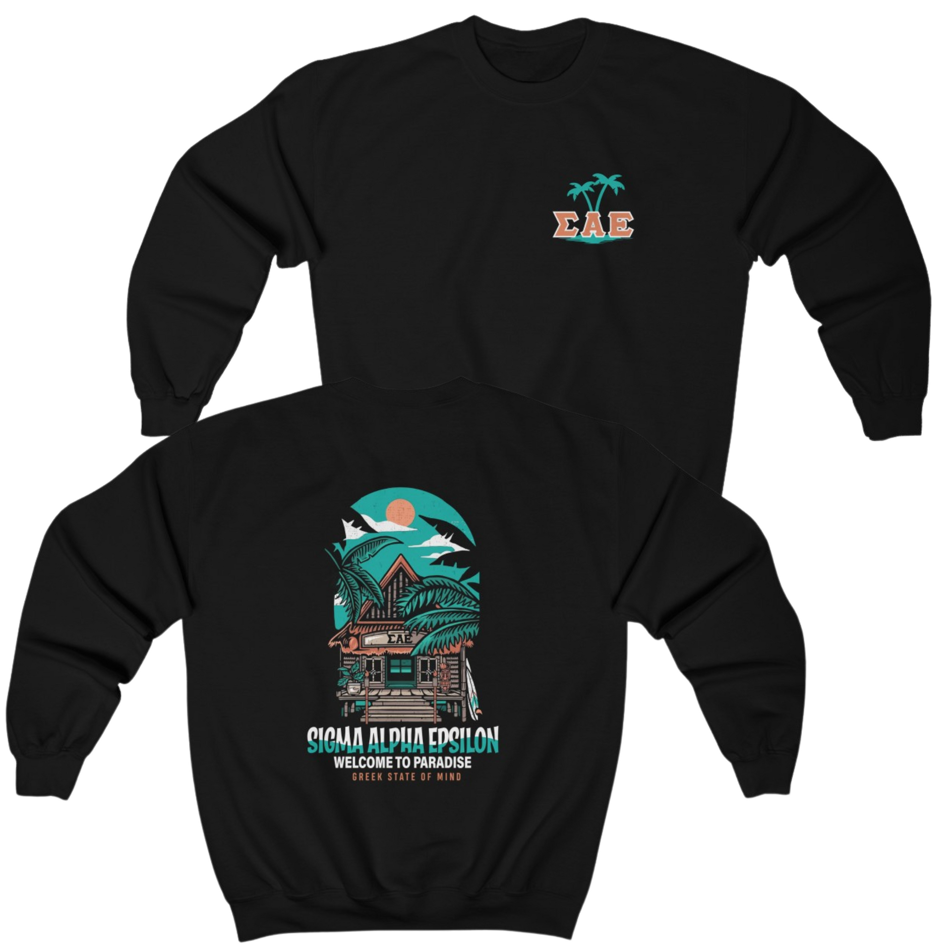 Black Sigma Alpha Epsilon Graphic Crewneck Sweatshirt | Welcome to Paradise | Sigma Alpha Epsilon Clothing and Merchandise