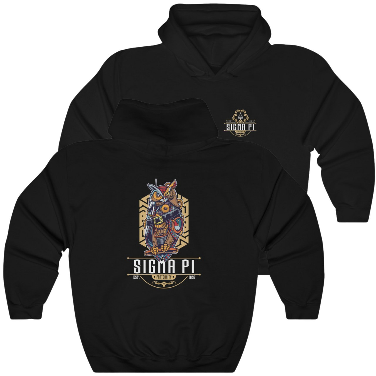Black Sigma Pi Graphic Hoodie | Steampunk Owl | Sigma Pi Apparel and Merchandise 