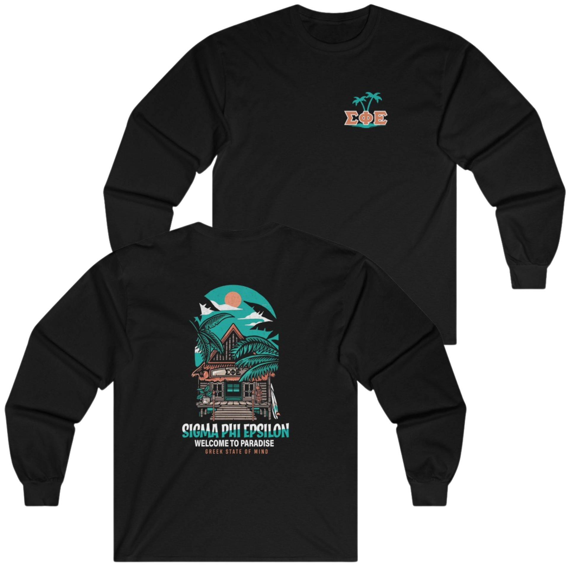 Black Sigma Phi Epsilon Graphic Long Sleeve T-Shirt | Welcome to Paradise | SigEp Fraternity Clothes and Merchandise