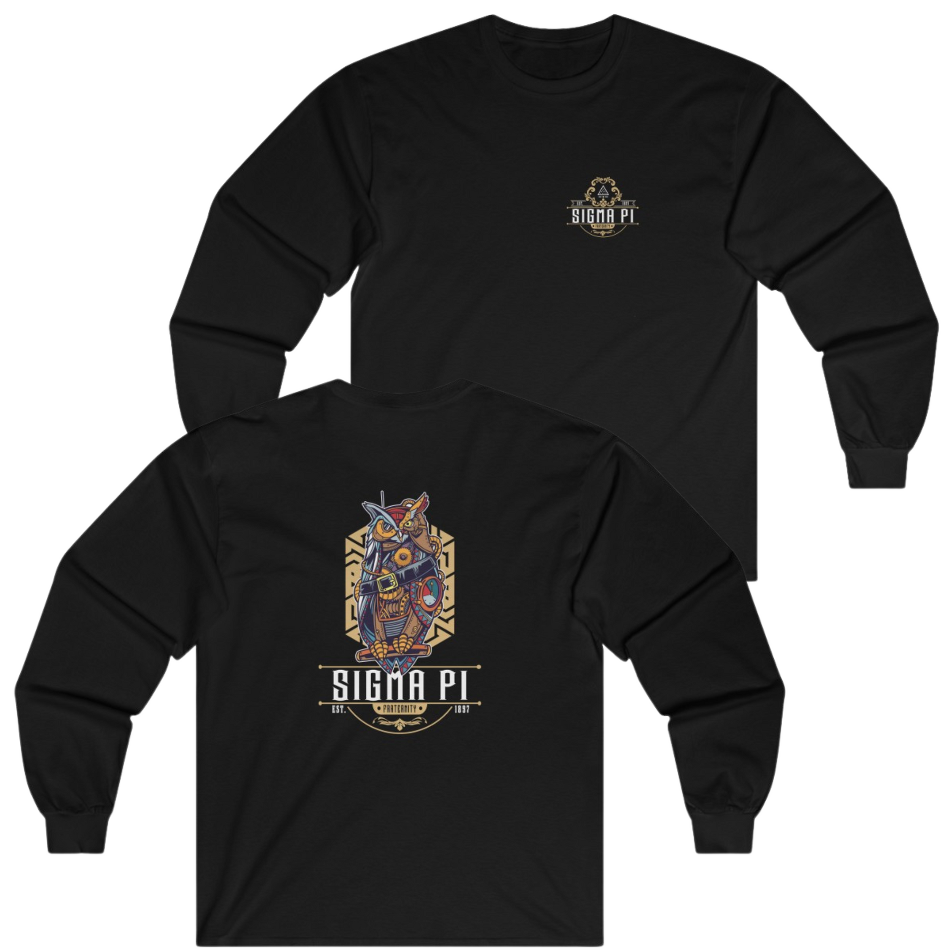 Black Sigma Pi Graphic Long Sleeve | Steampunk Owl | Sigma Pi Apparel and Merchandise