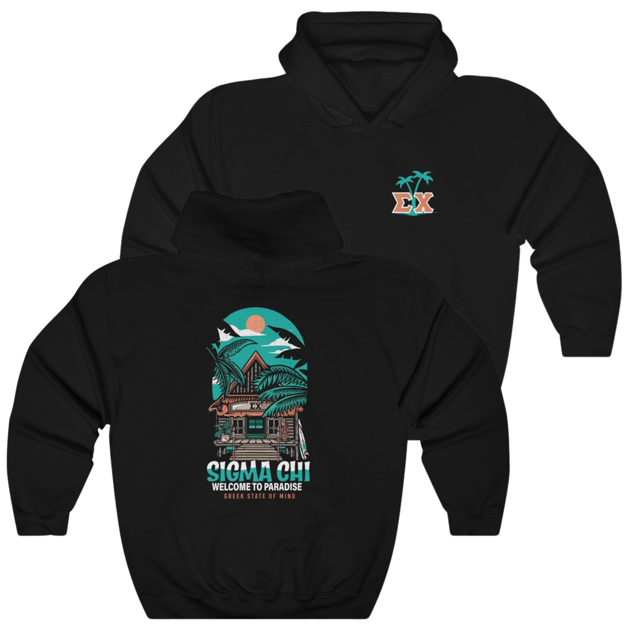 Black Sigma Chi Graphic Hoodie | Welcome to Paradise | Sigma Chi Fraternity Merch House