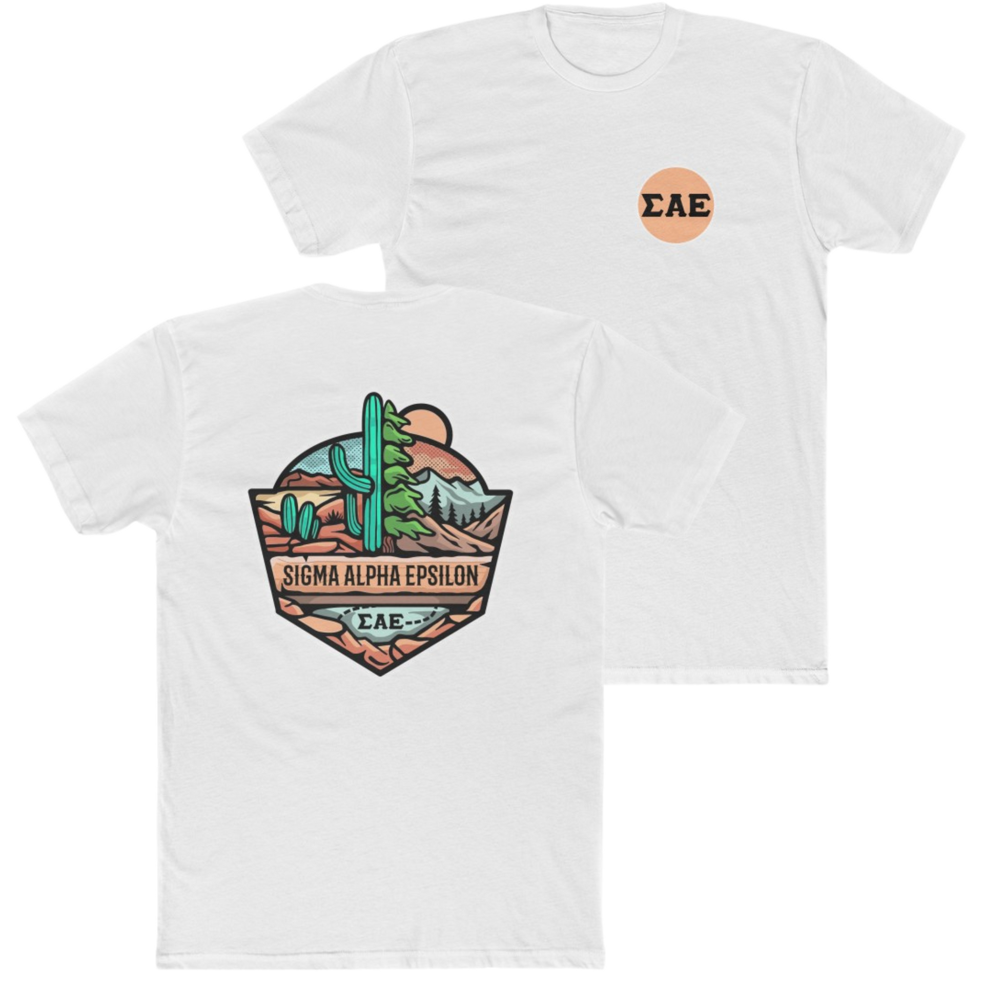 White Sigma Alpha Epsilon Graphic T-Shirt | Desert Mountains | Sigma Alpha Epsilon Clothing and Merchandise 