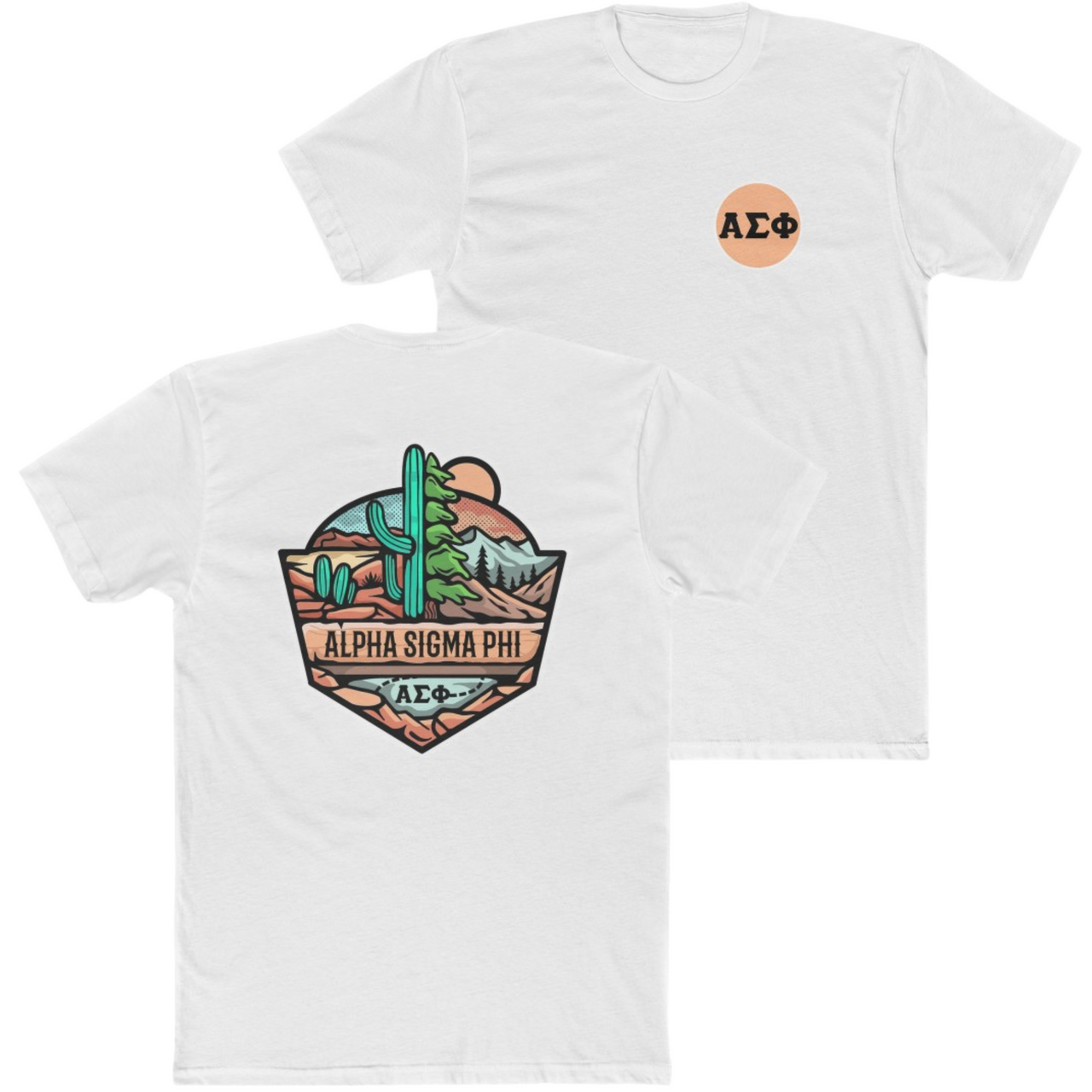 White Alpha Sigma Phi Graphic T-Shirt | Desert Mountains | Alpha Sigma Phi Fraternity Shirt 