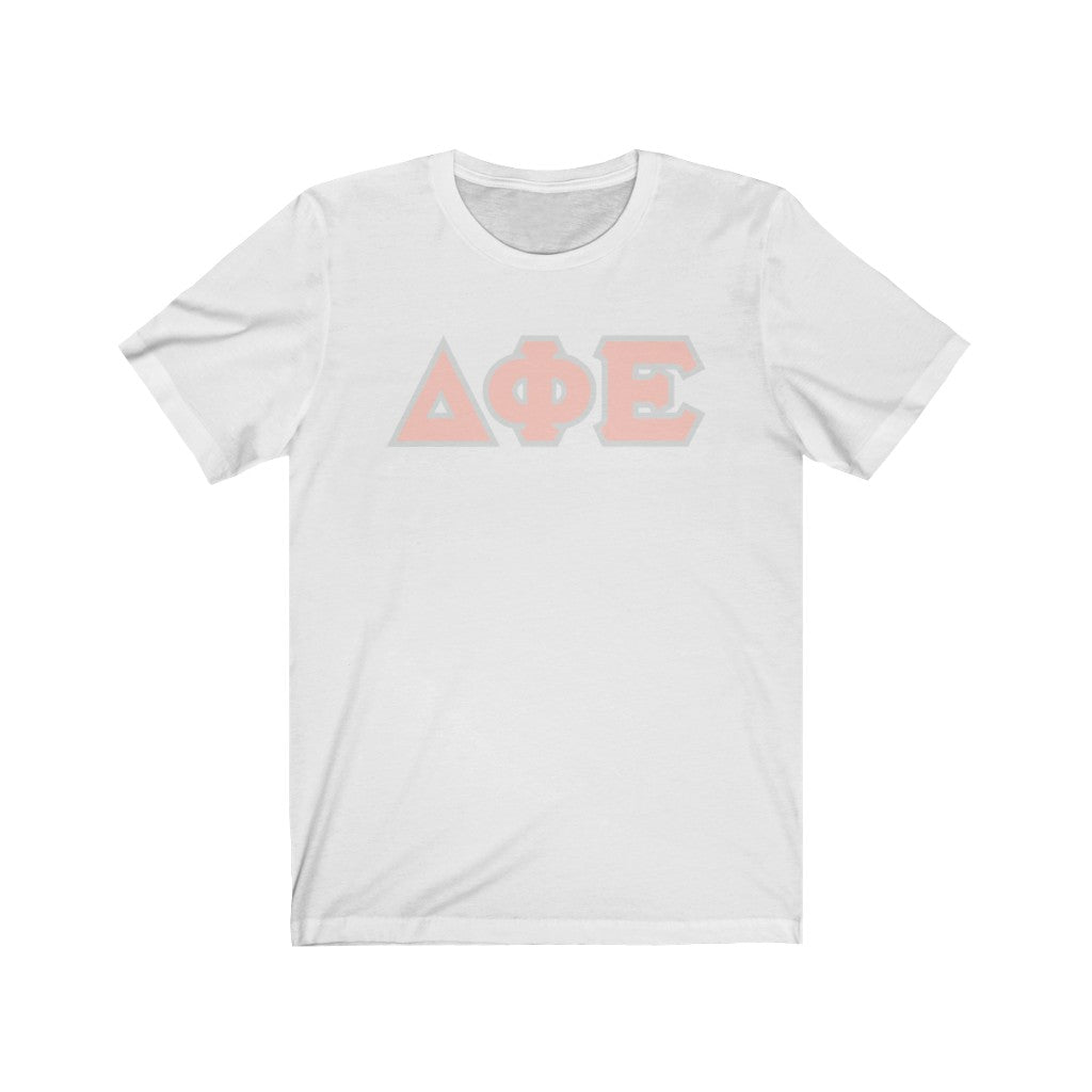 Delta Phi Epsilon Printed Letters | Peach with Grey Border T-Shirt