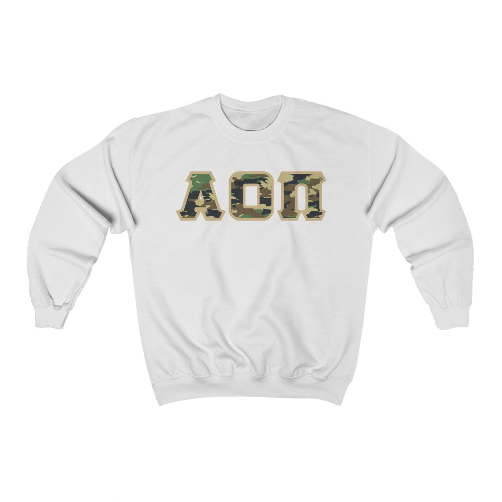 Alpha Omicron Pi Printed Letters | Camouflage Crewneck