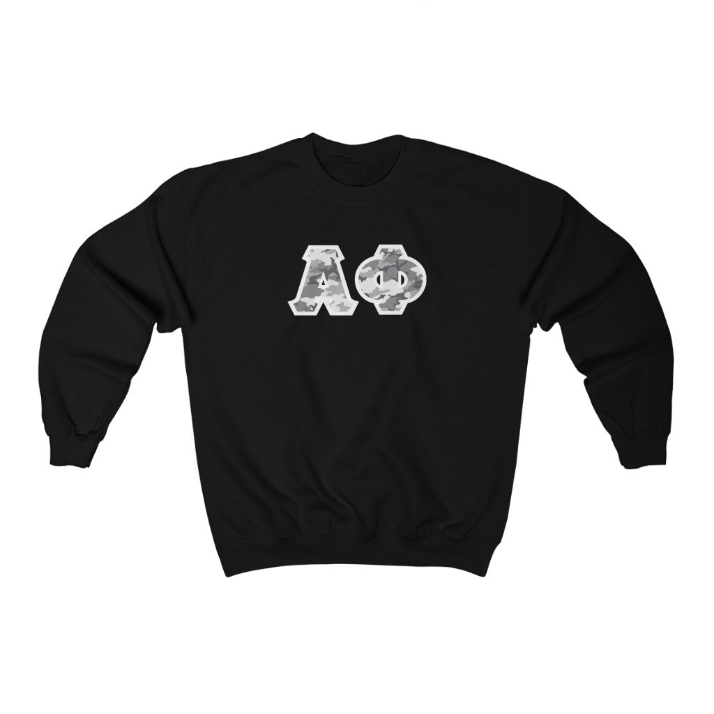 Alpha Phi Printed Letters | Winter Camo Crewneck