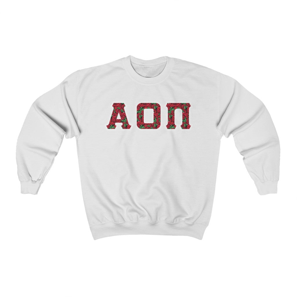 Alpha Omicron Pi Printed Letters | Roses Crewneck