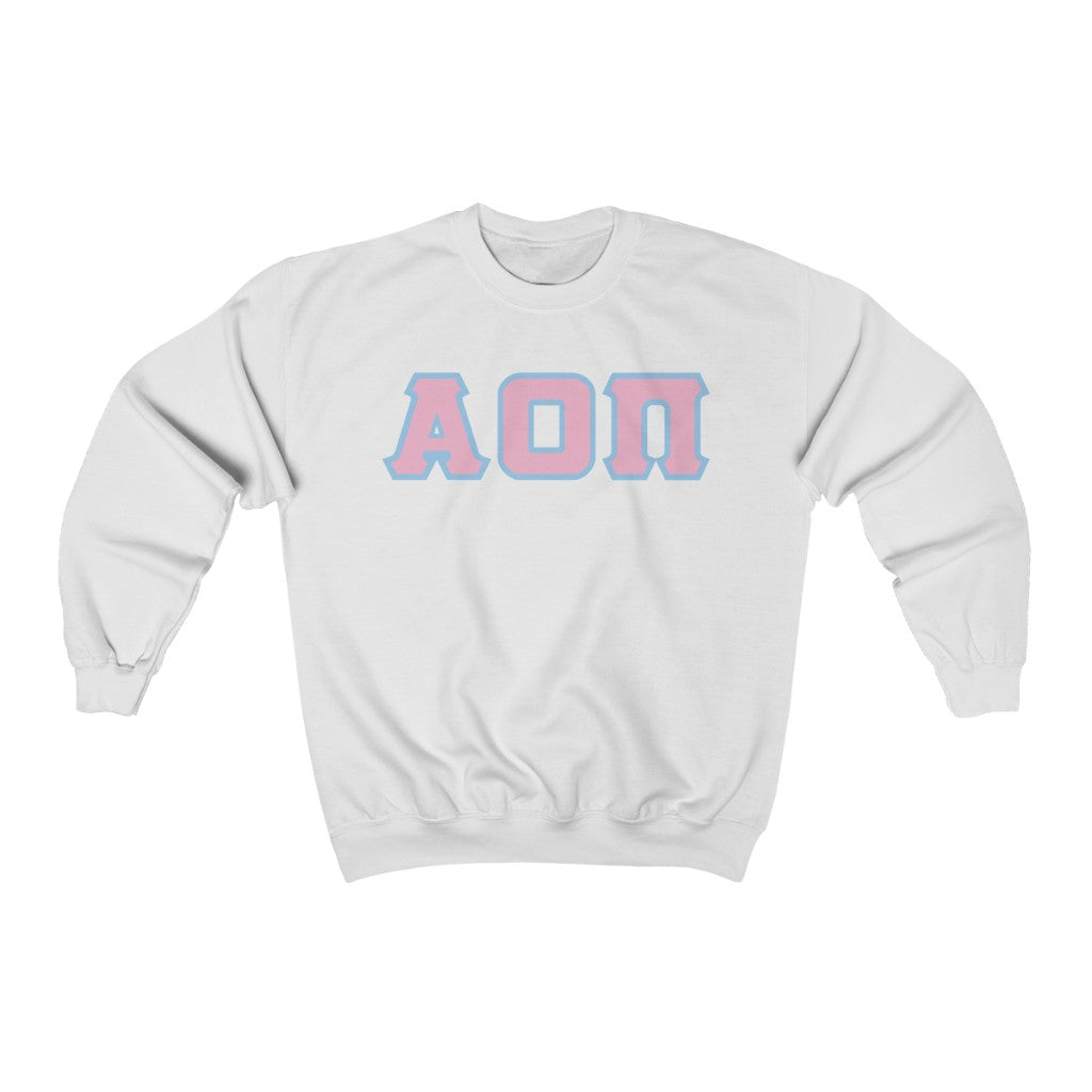 Alpha Omicron Pi Printed Letters | Pink with Light Blue Border Crewneck