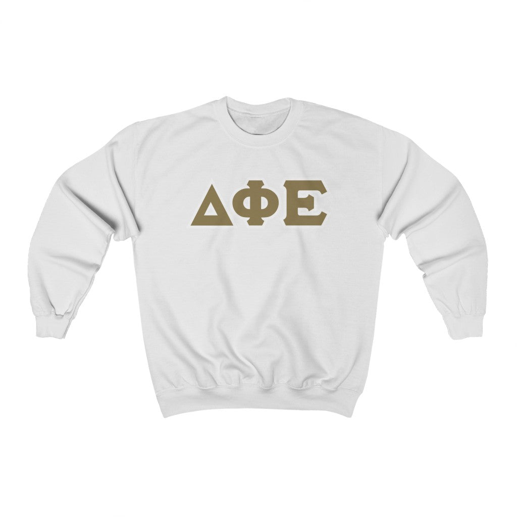Delta Phi Epsilon Printed Letters | Gold with White Border Crewneck