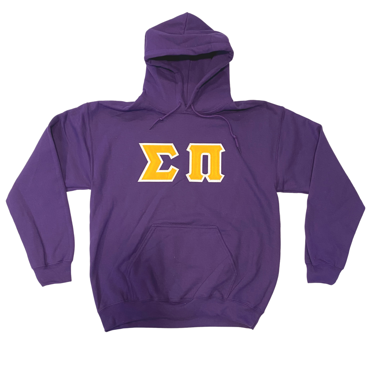 Sigma Pi Stitched Letter Hoodie | Purple | Gold with White Border