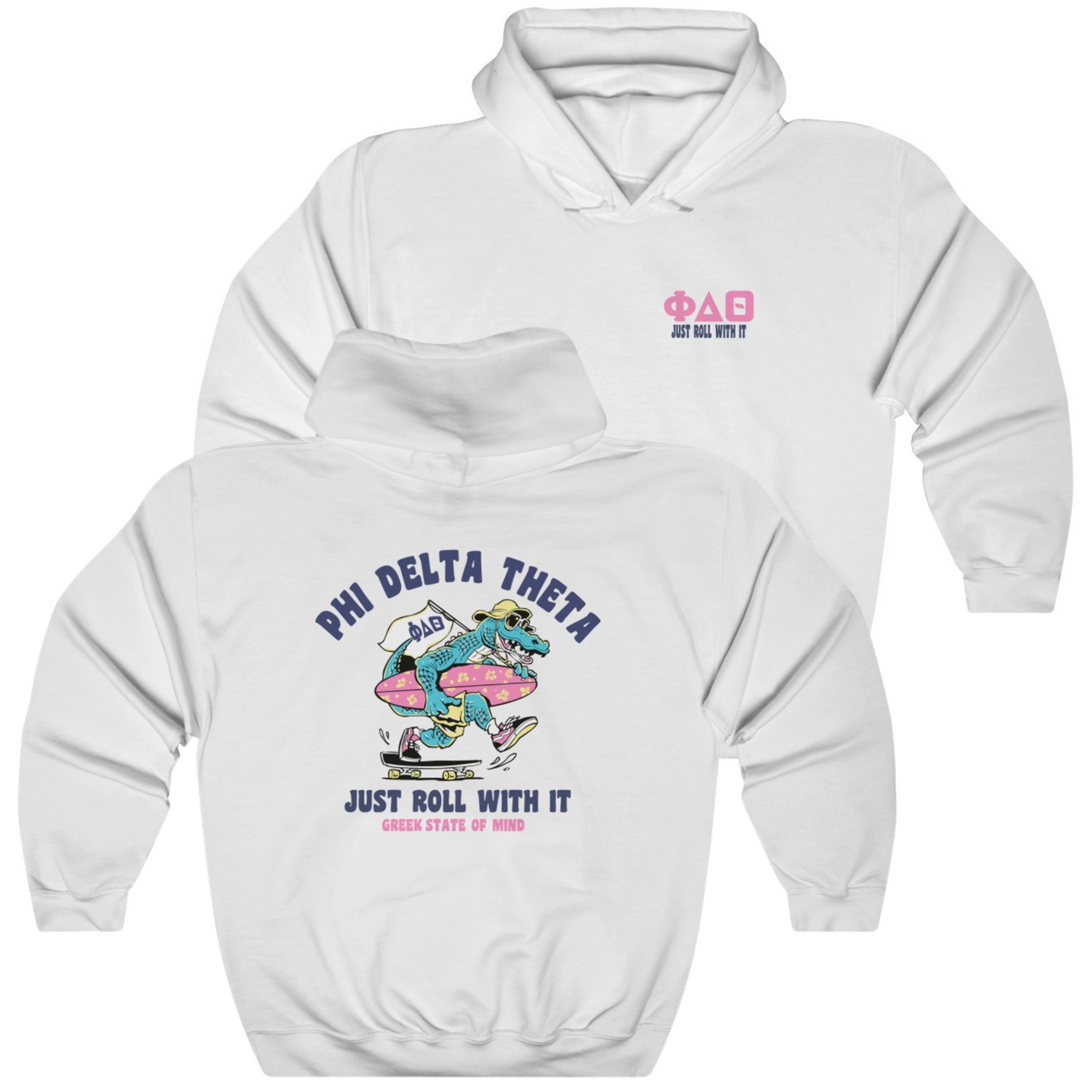 White Phi Delta Theta Graphic Hoodie | Alligator Skater | phi delta theta fraternity greek apparel 