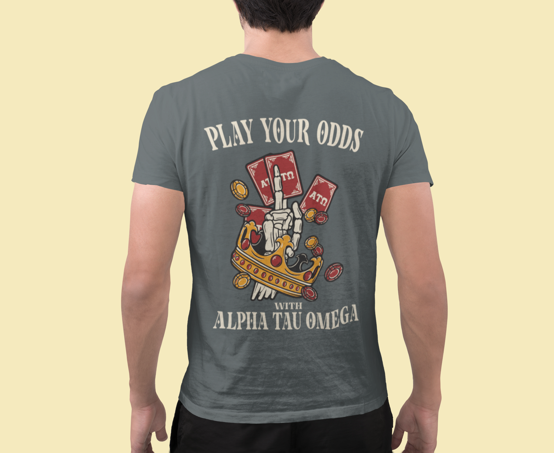 Grey Alpha Tau Omega Graphic T-Shirt | Play Your Odds | Fraternity Merchandise model 