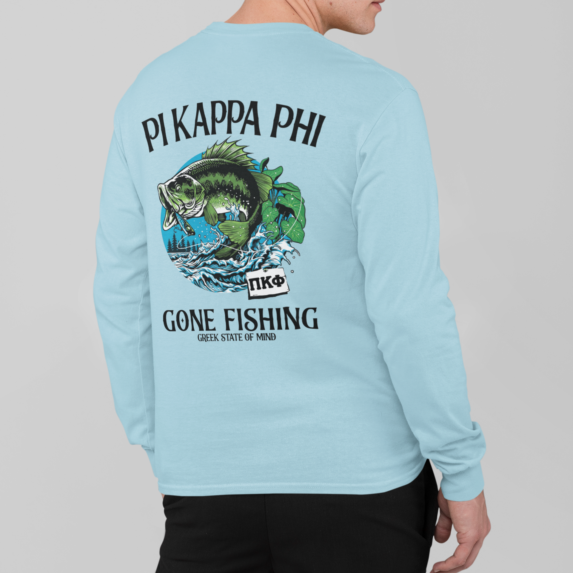 light blue Pi Kappa Phi Graphic Long Sleeve T-Shirt | Gone Fishing | Pi Kappa Phi Apparel and Merchandise model 