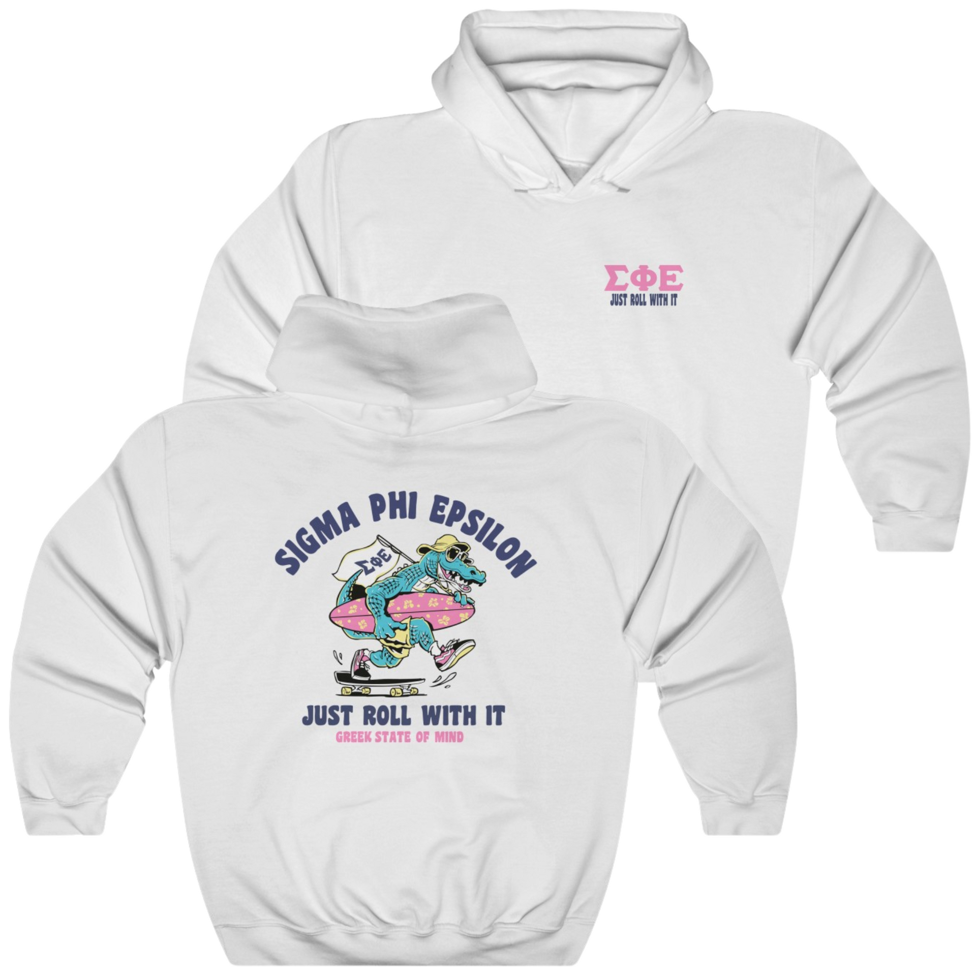 White Sigma Phi Epsilon Graphic Hoodie | Alligator Skater | SigEp Clothing - Campus Apparel