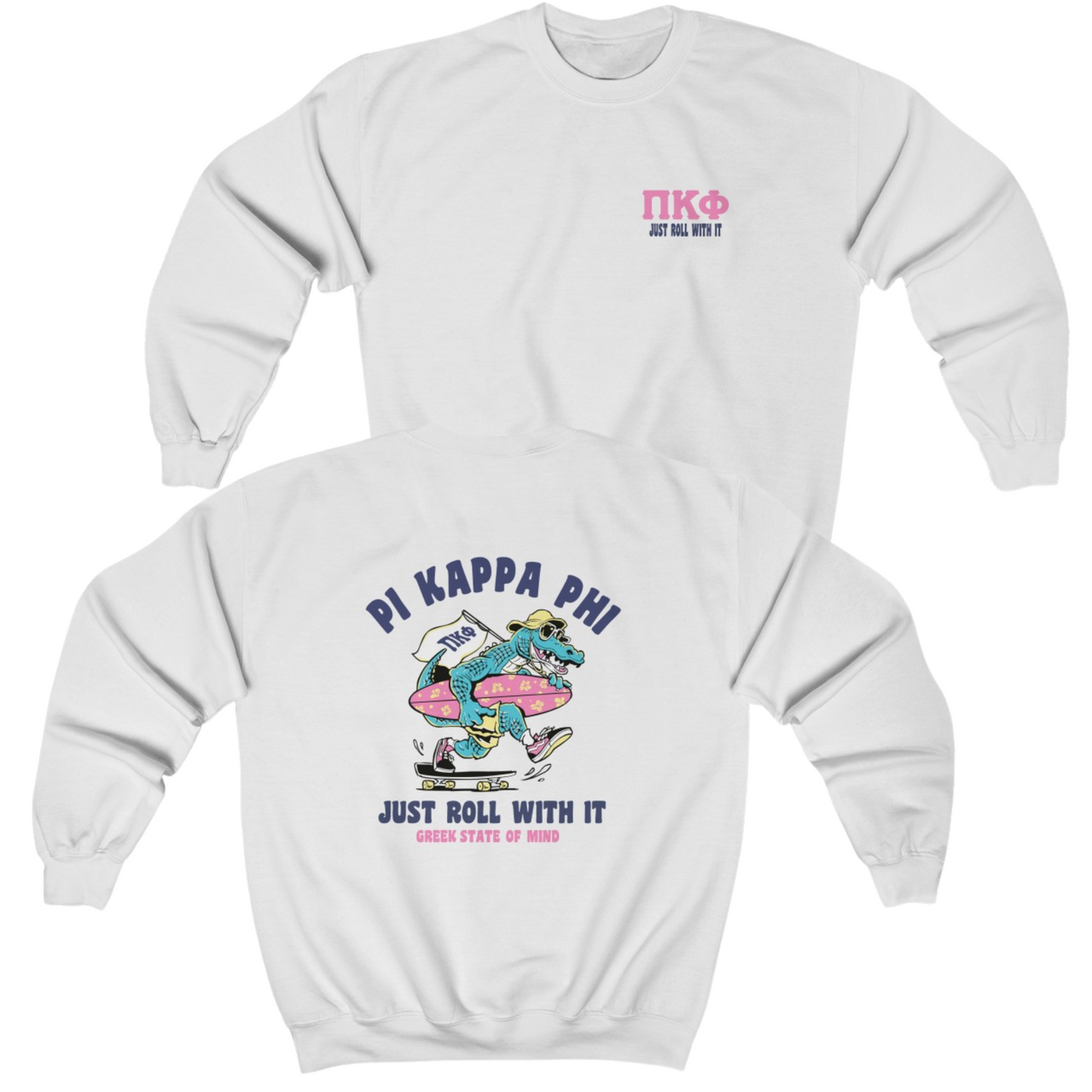 White Pi Kappa Phi Graphic Crewneck Sweatshirt | Alligator Skater | Pi kappa alpha fraternity shirt
