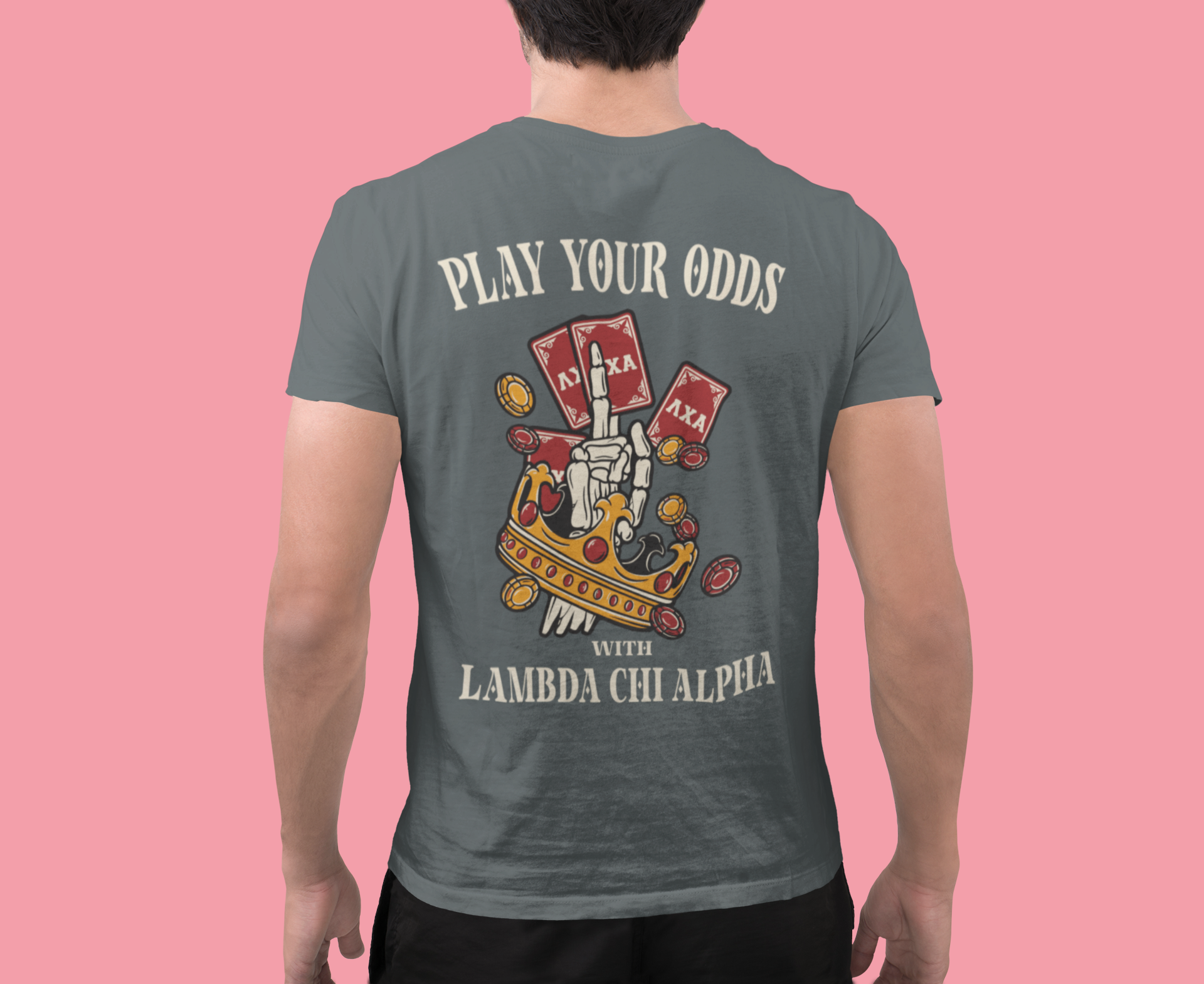 grey Lambda Chi Alpha Graphic T-Shirt | Play Your Odds | Lambda Chi Alpha Fraternity Apparel model 