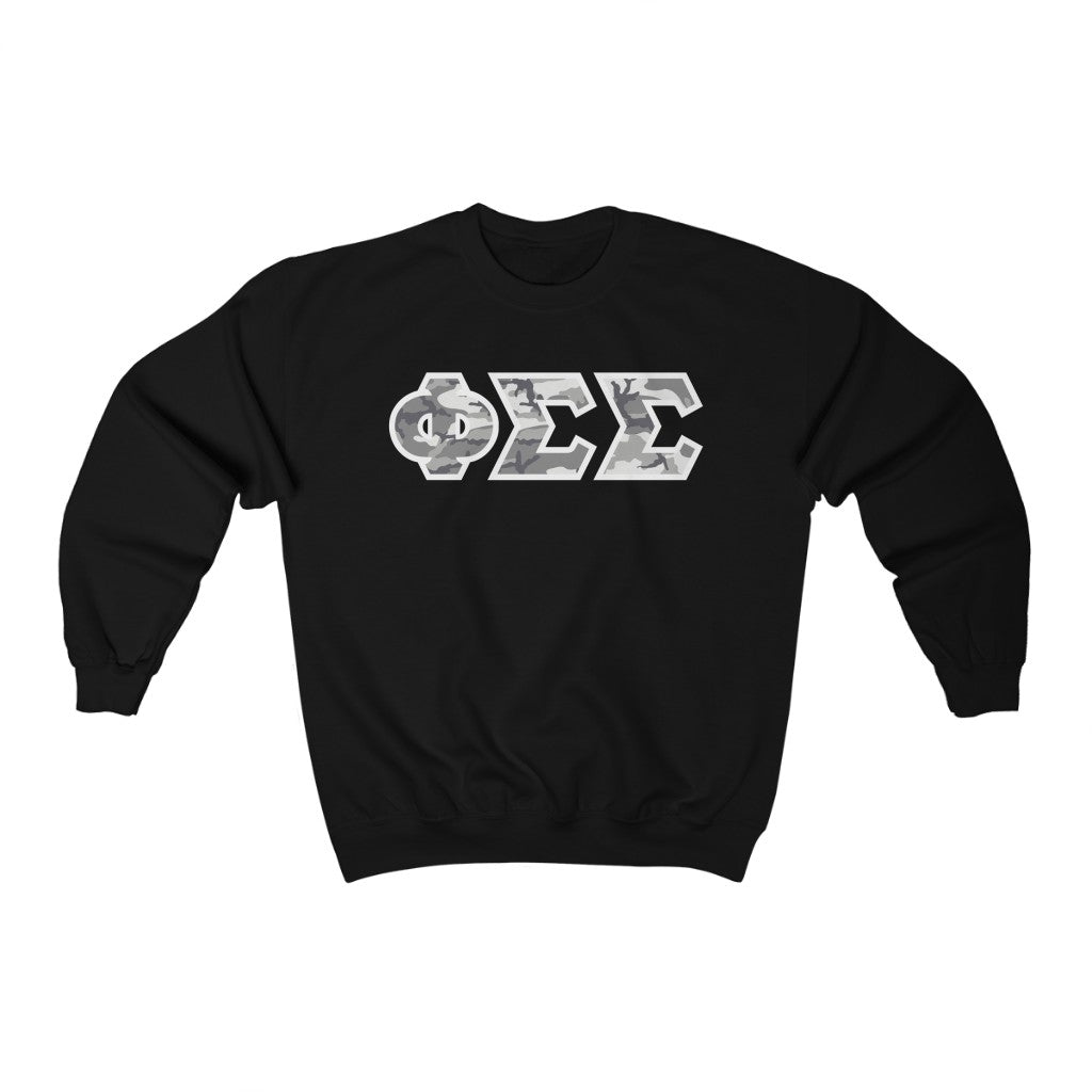 Phi Sigma Sigma Printed Letters | Winter Camo Crewneck