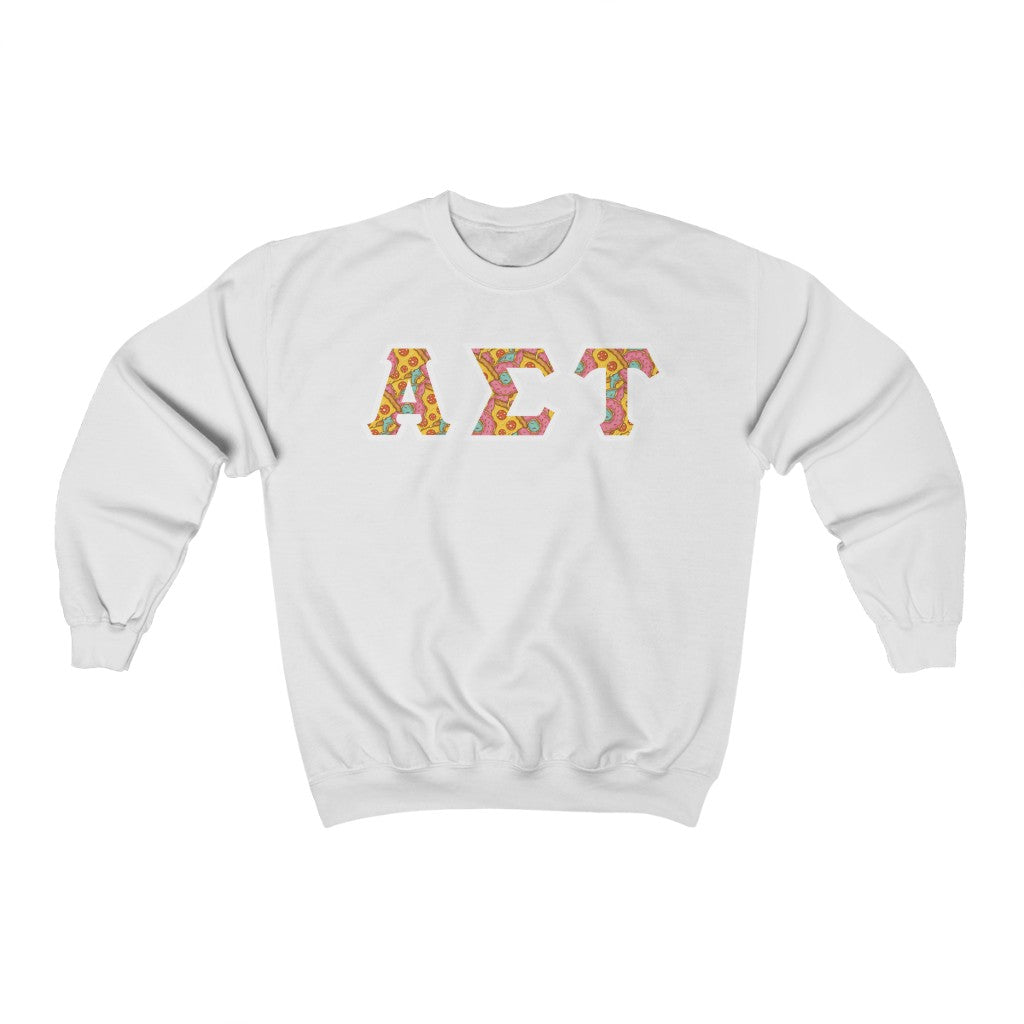 Alpha Sigma Tau Printed Letters | Pizza and Donuts Crewnecks