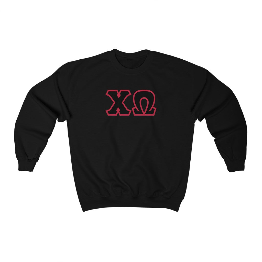 Chi Omega Print Letters | Black & Cardinal Border Crewneck