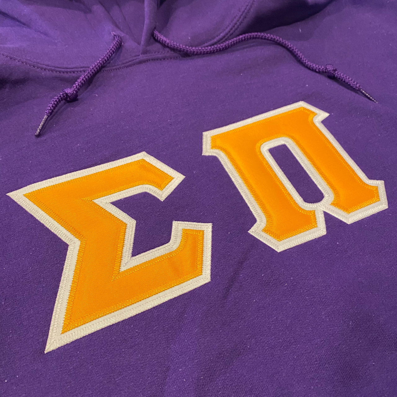 Sigma Pi Stitched Letter Hoodie | Purple | Gold with White Border