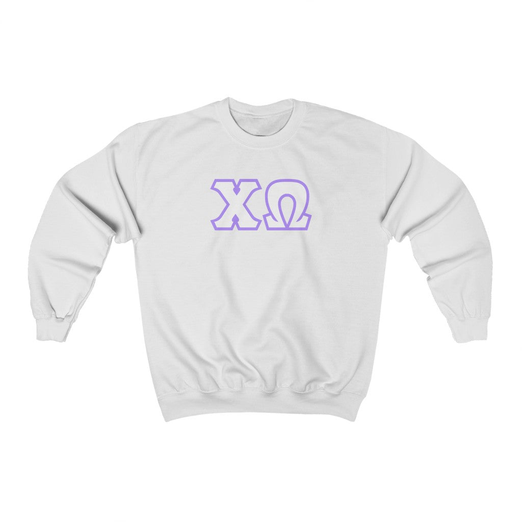 Chi Omega Print Letters | White with Purple Border Crewneck