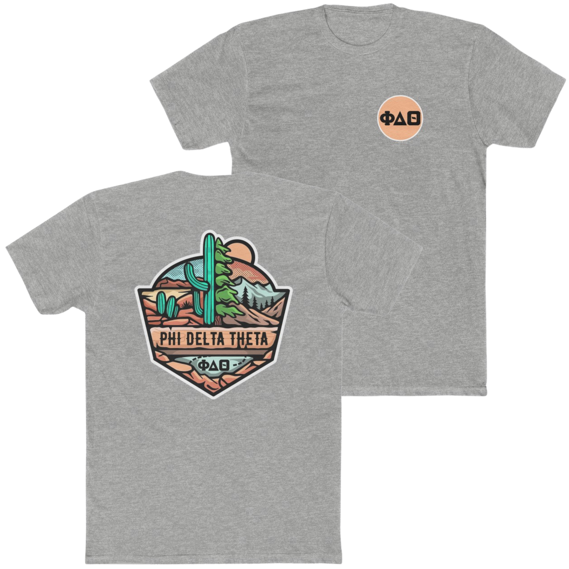 grey Phi Delta Theta Graphic T-Shirt | Desert Mountains | phi delta theta fraternity greek apparel 
