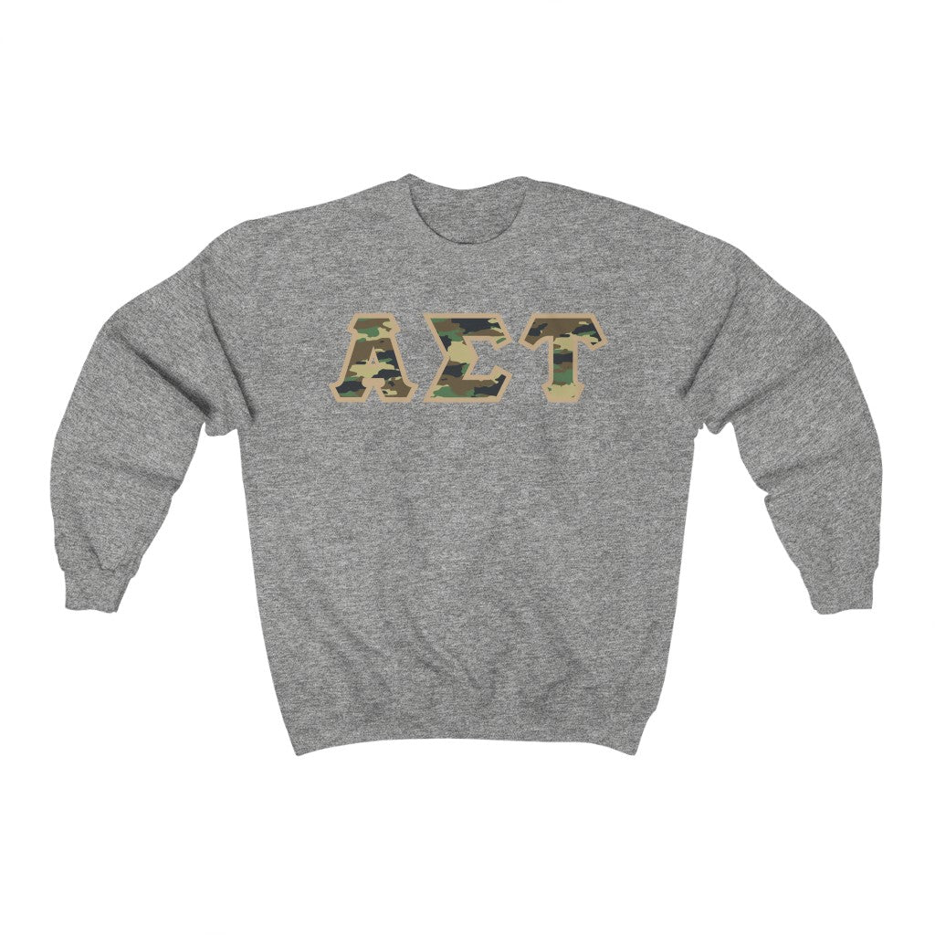 Alpha Sigma Tau Printed Letters | Camouflage Crewnecks