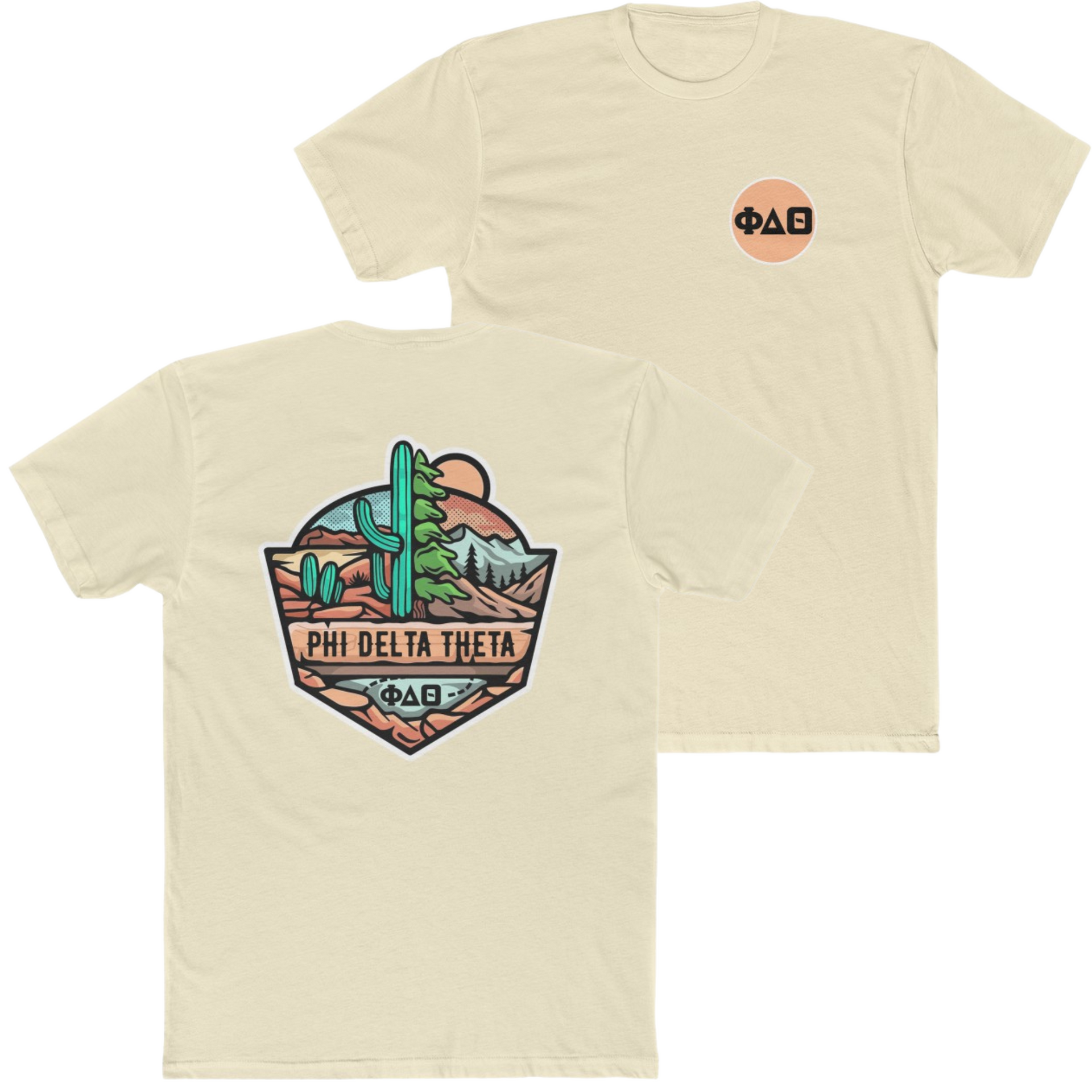 sand Phi Delta Theta Graphic T-Shirt | Desert Mountains | phi delta theta fraternity greek apparel 