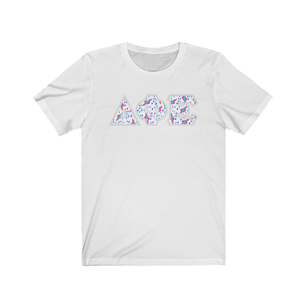 Delta Phi Epsilon Printed Letters | Bayside White T-Shirt