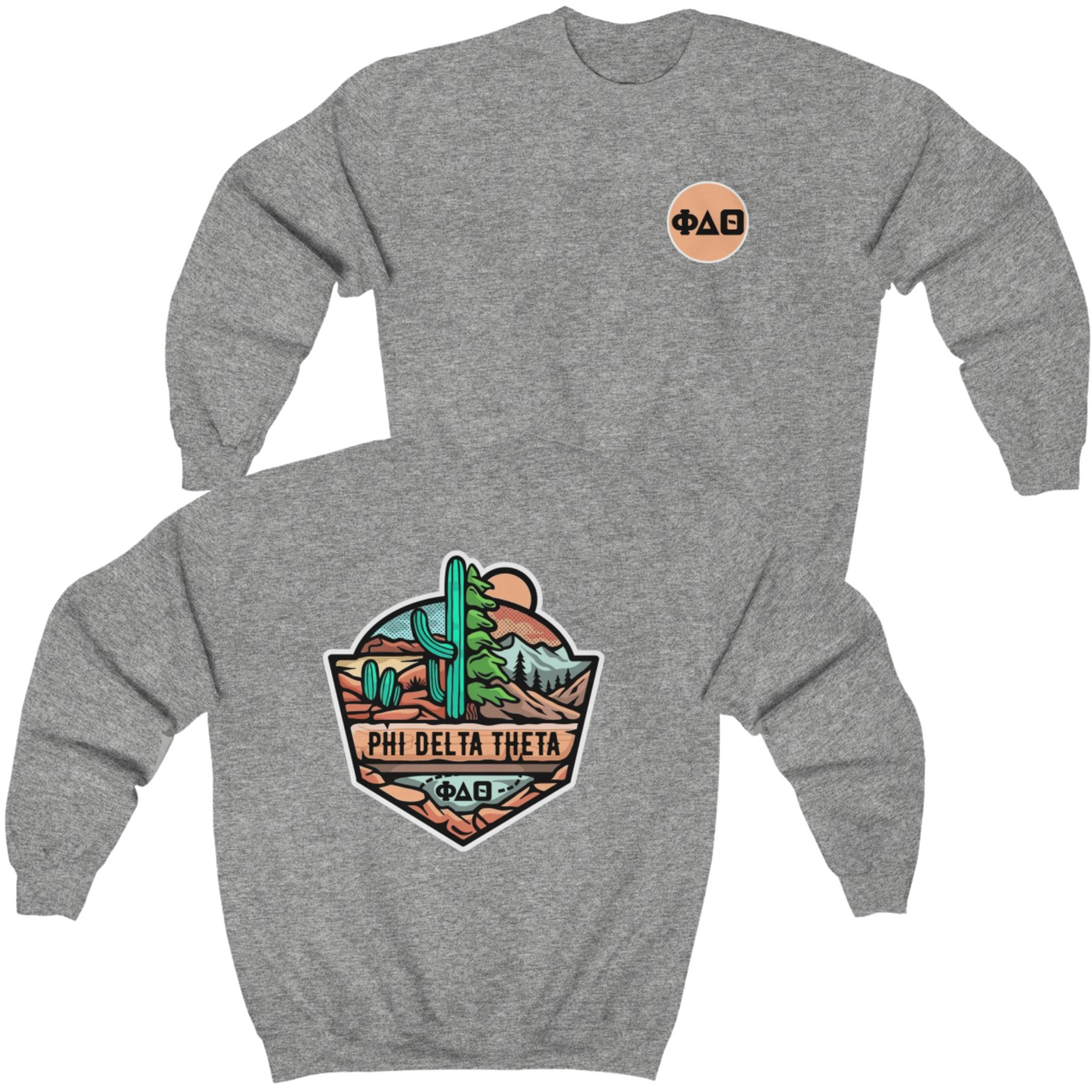 Grey Phi Delta Theta Graphic Crewneck Sweatshirt | Desert Mountains | phi delta theta fraternity greek apparel