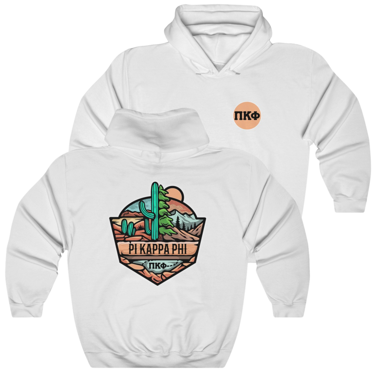 White Pi Kappa Phi Graphic Hoodie | Desert Mountains | Pi Kappa Phi Apparel and Merchandise 