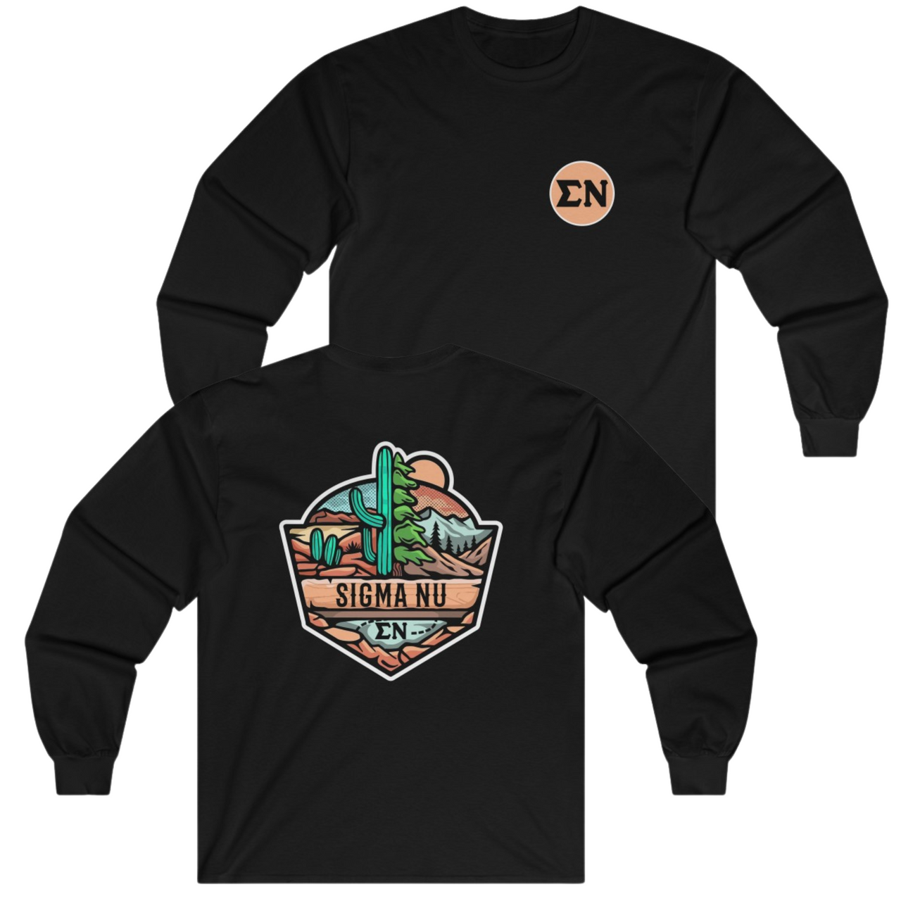 Black Sigma Nu Graphic Long Sleeve T-Shirt | Desert Mountains | Sigma Nu Clothing, Apparel and Merchandise