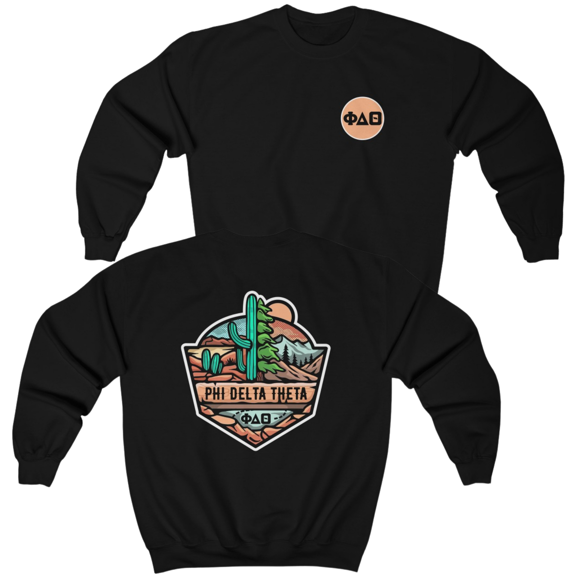 black Phi Delta Theta Graphic Crewneck Sweatshirt | Desert Mountains | phi delta theta fraternity greek apparel